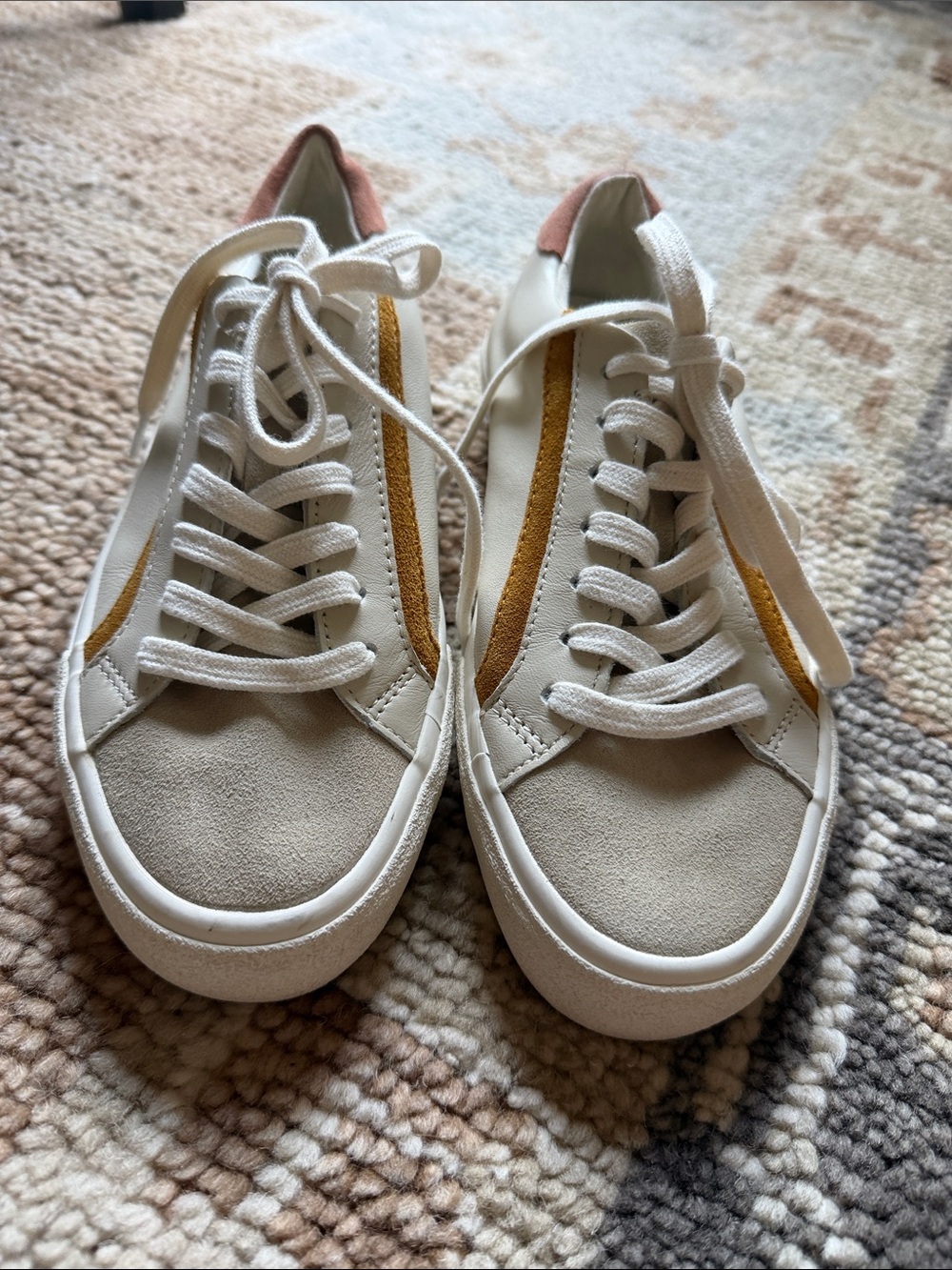 Madewell Cream women’s leather & suede Sneakers with Mustard Stripe.